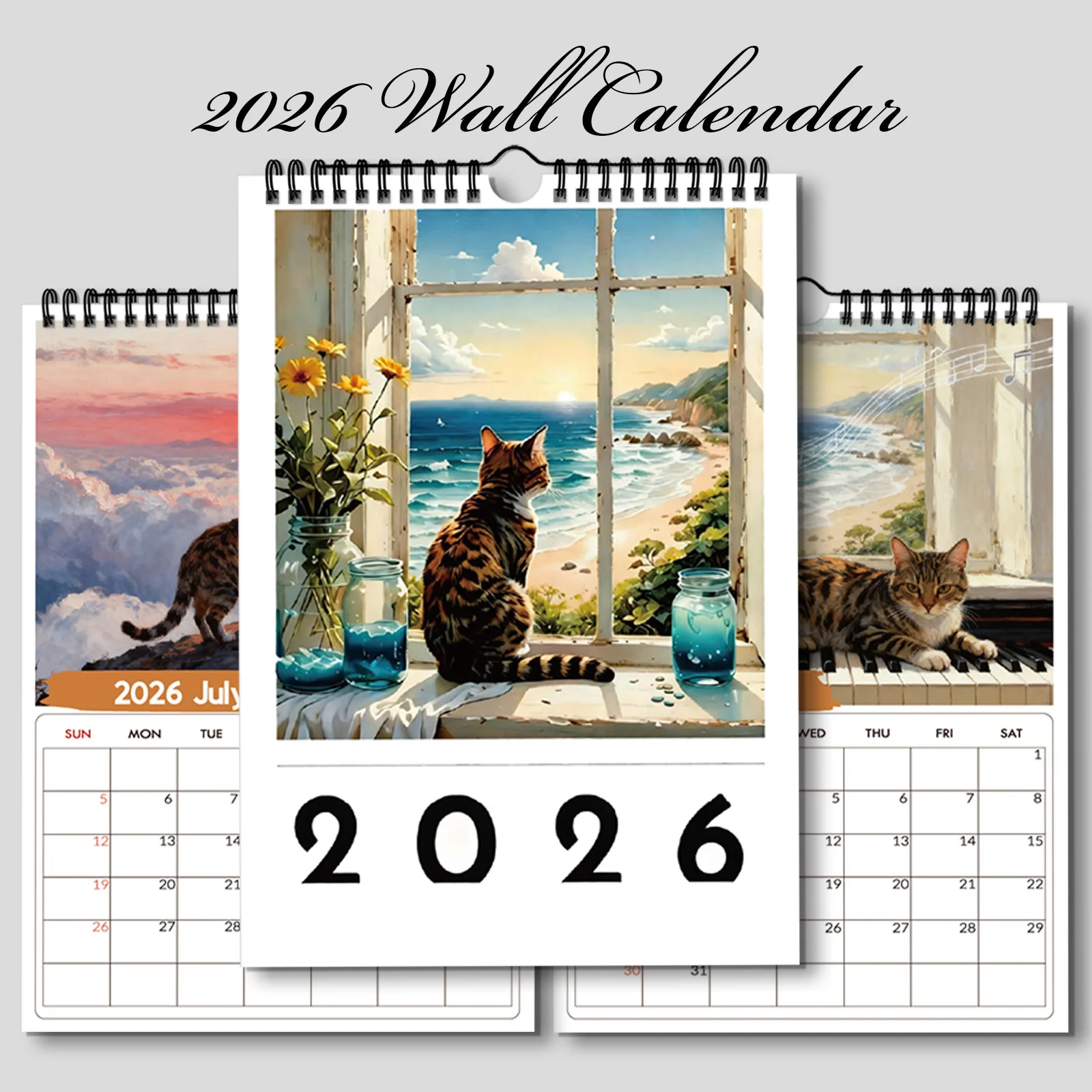Home Office With View - 1PC 2026年壁掛けカレンダー、窓辺の猫テーマ、家庭やオフィスの装飾に最適、誕生日、クリスマス、新年の贈り物に最適、毎日の装飾に最適