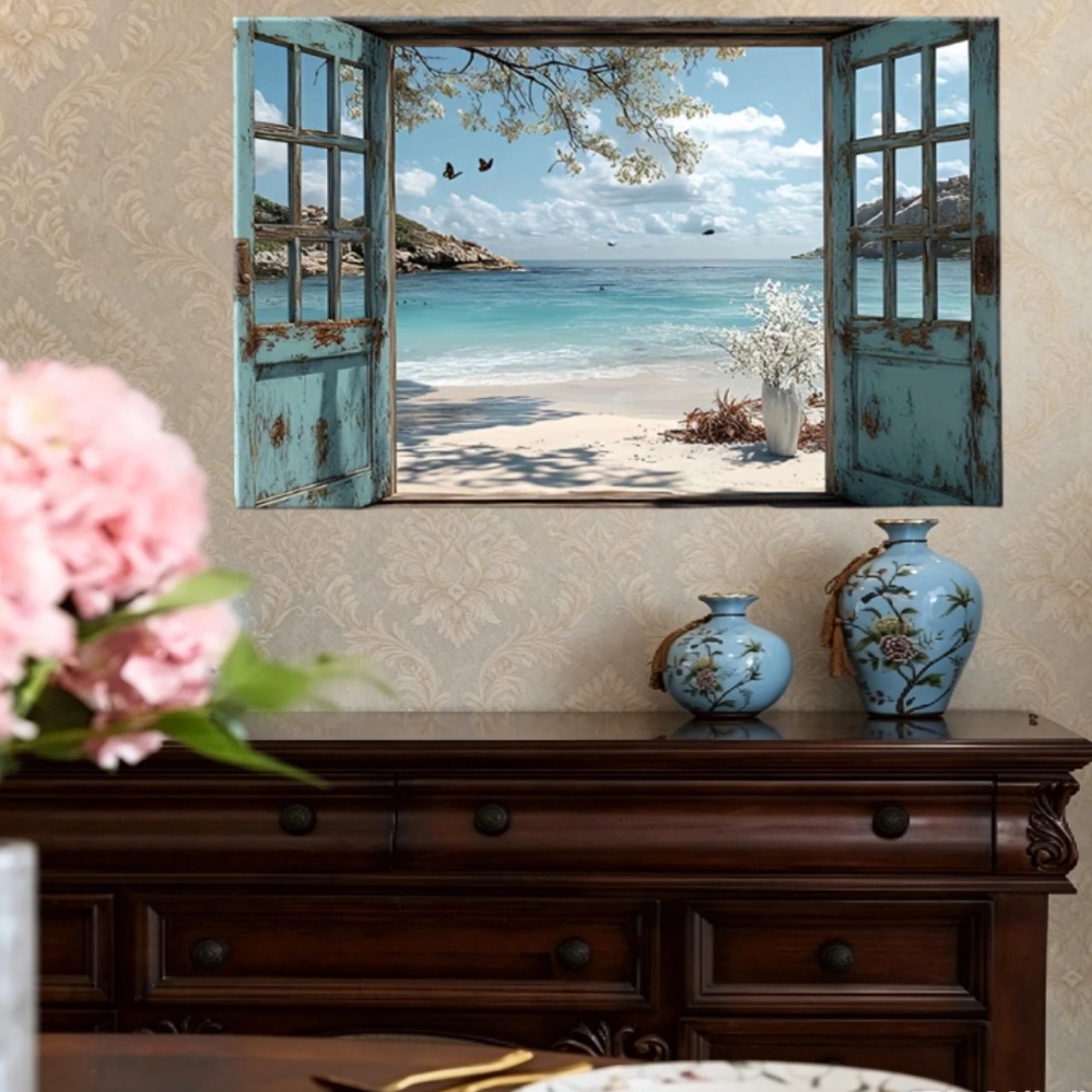 Home Office With View - 海の景色が見えるドア開口部プリント、モダンな2Dフラット海岸線アルミニウム製ウォールアート、リビングルーム、ホームオフィス、バスルーム用、静かな海の装飾