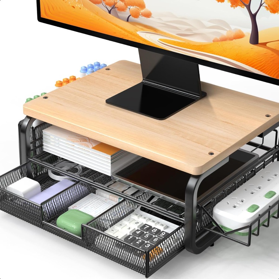 Monitor Riser Stand - 高級木製モニタースタンドライザー、大容量モニタースタンド（引き出し付き）、プラグホルダーとペンホルダー付きデスク用モニタースタンド