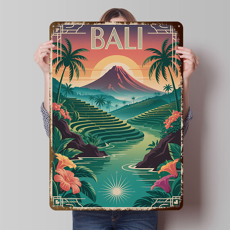 Home Office Bali - バリ旅行アールデコスタイルポスター、カスタマイズされたヴィンテージメタルサイン、壁掛けアート、レトロなブリキの飾り板、自宅やオフィスの装飾に