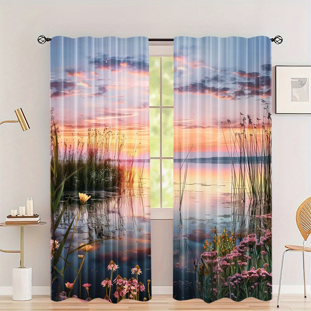 Home Office With View - 美的な夕日の自然カーテンペア、窓装飾用、部屋のドレープ、海岸湿地の花柄、家の窓装飾用