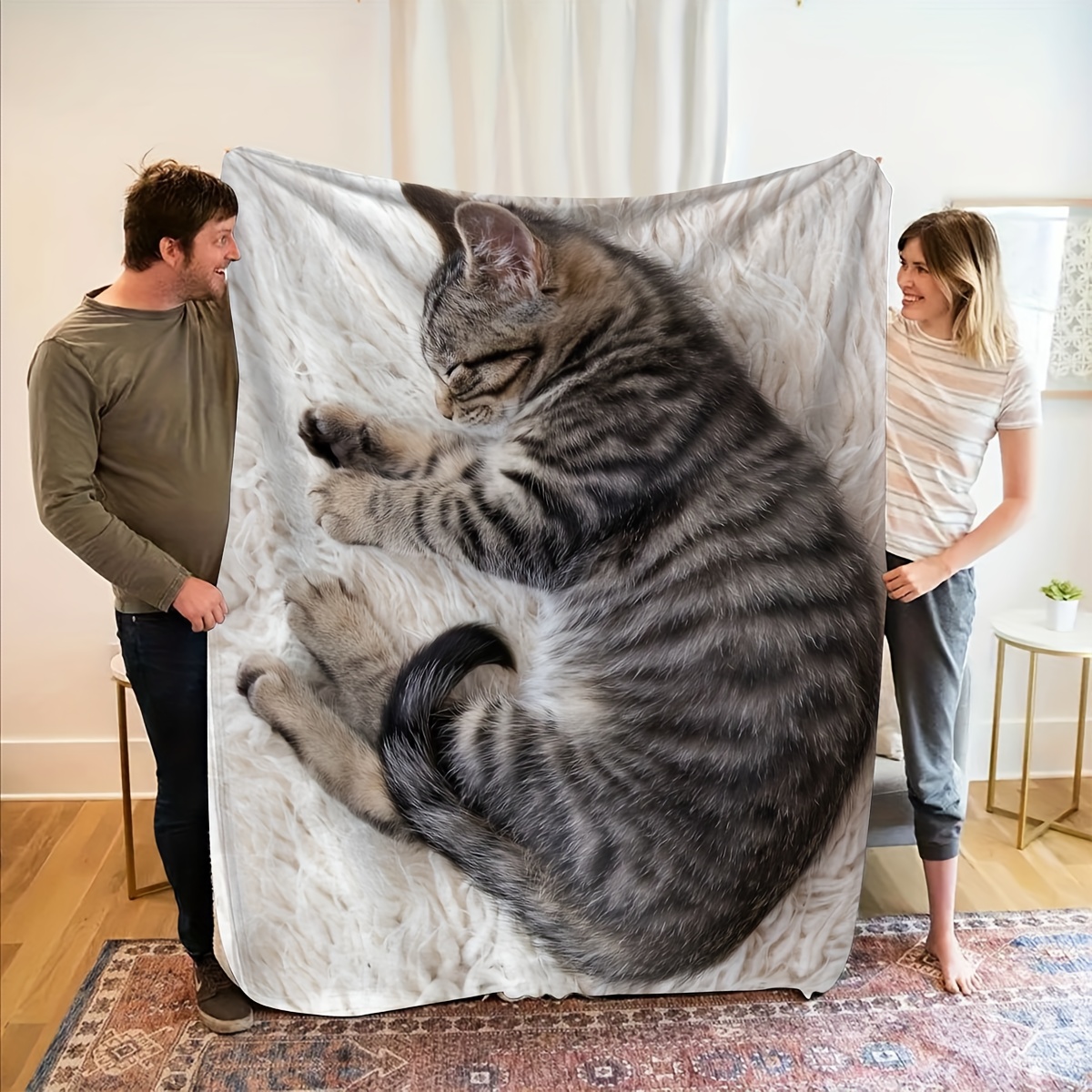 Home Office Design Ideas - 眠っている猫のフランネルブランケット、癒しのデザインのソフトスロー、オフィスソファ車用オールシーズン快適、完璧なユニセックスギフトアイデア