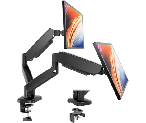 Monitor Riser Stand - デュアルモニタースタンドアーム、ガススプリング式2モニターデスクマウント、高さ調整可能、回転式VESAブラケット、クランプとグロメットベース付き