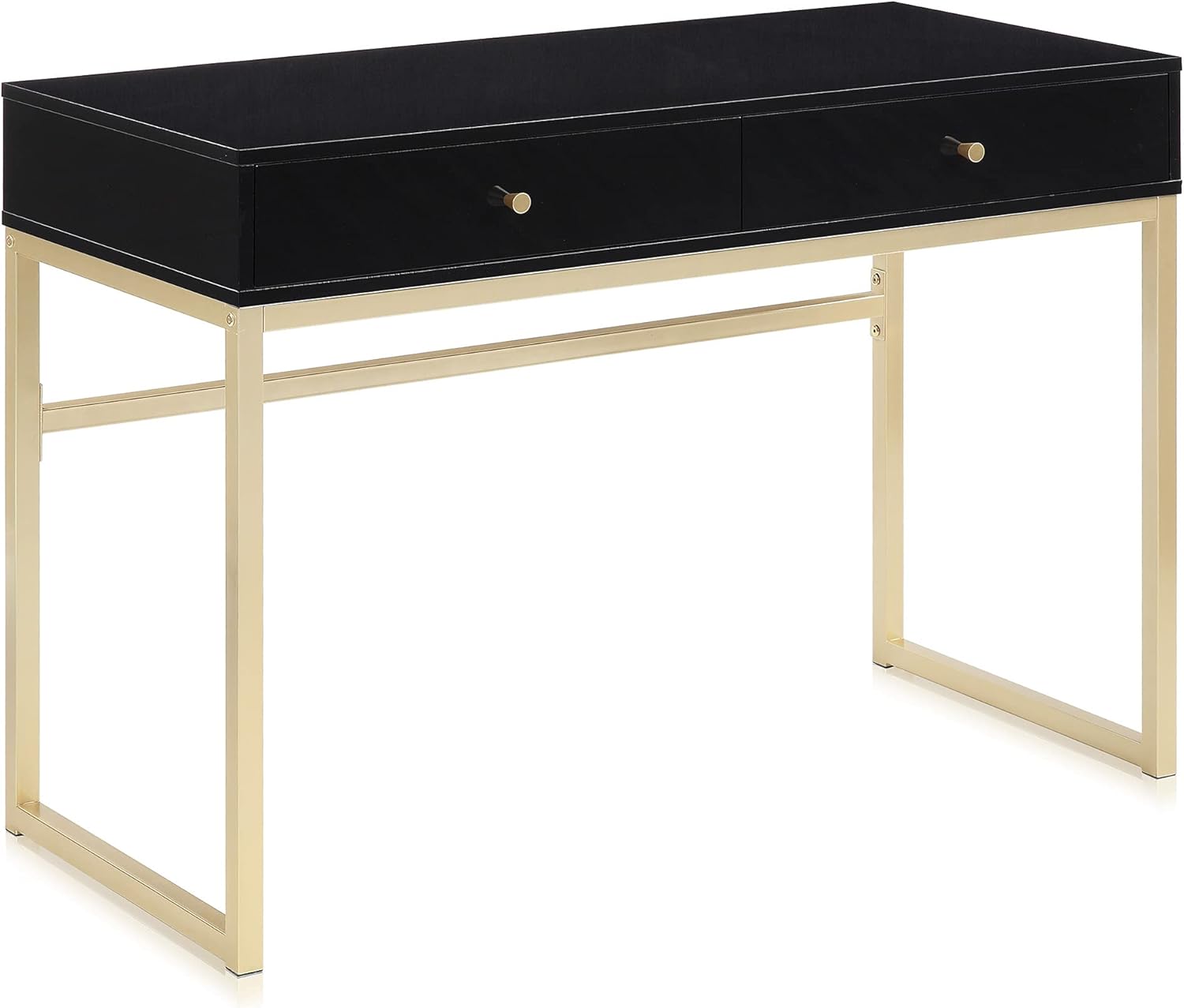 Home Office For Two - 42インチの化粧台または寝室用ホームオフィスデスク、黒木の天板とゴールドメタルフレーム、2つの収納引き出し付き