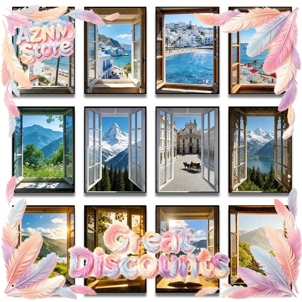 Home Office With View - リビングルームやオフィス向けのオープンウィンドウポスタープリント、モダンな風景ウォールアート、海岸の風景展示キャンバス絵画、家の装飾