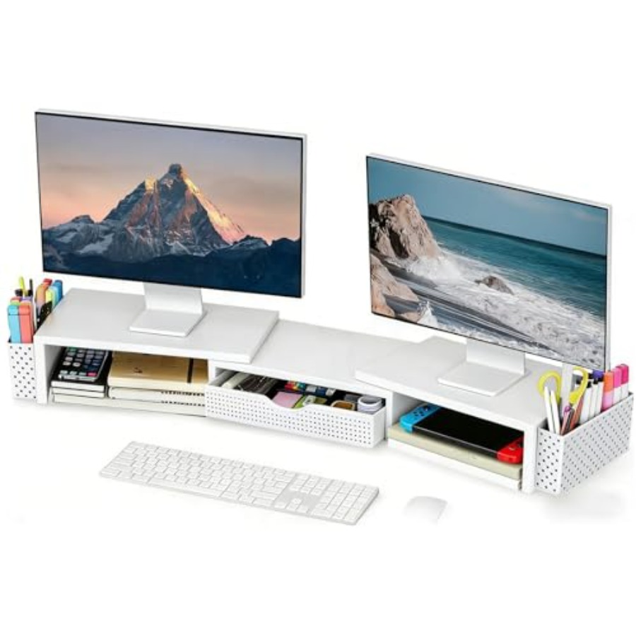 Monitor Riser Stand - 金属製デスクオーガナイザーとアクセサリー、引き出しと2つのペンホルダー付きデュアルモニタースタンドライザー、デスクアクセサリーとワークスペースD