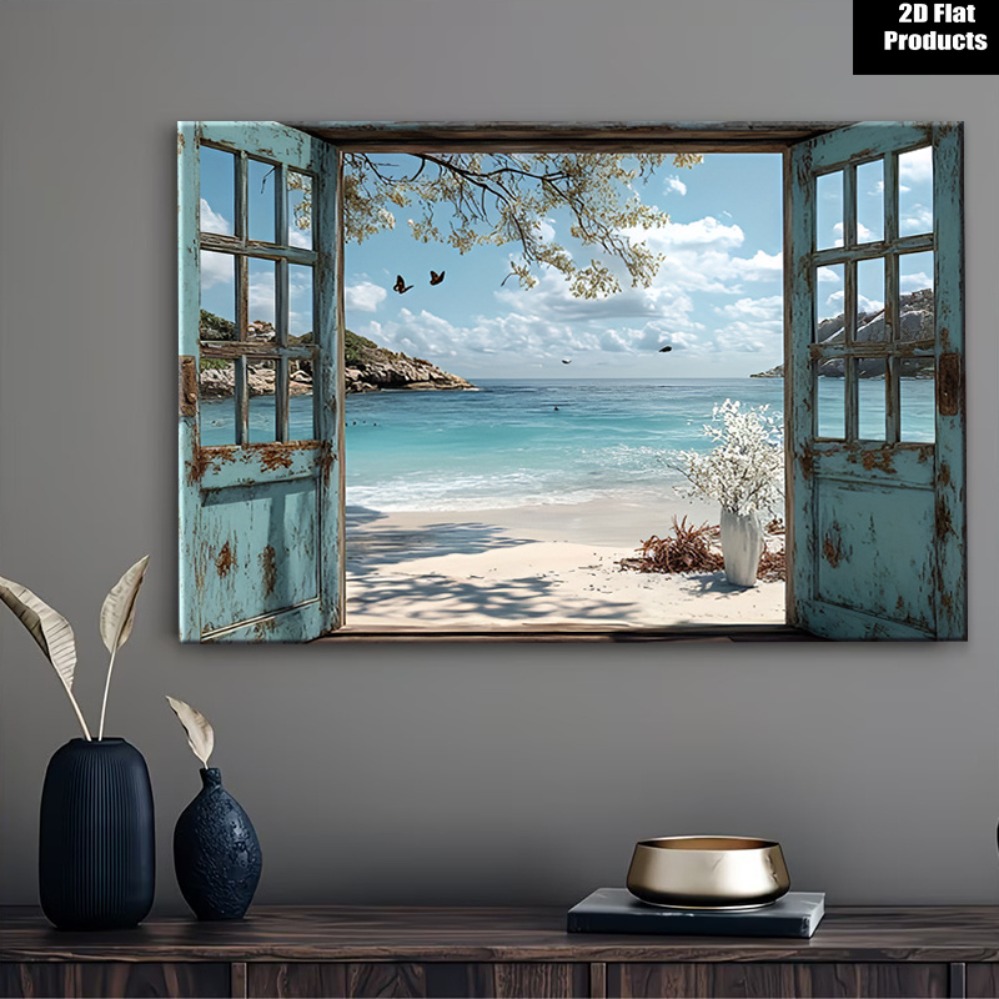 海の景色が見えるドア開口部プリント、モダンな2Dフラット海岸 - Home Office With View のレビューと価格