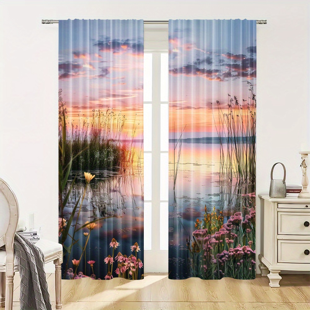 美的な夕日の自然カーテンペア、窓装飾用、部屋のドレープ、海岸 - Home Office With View のレビューと価格