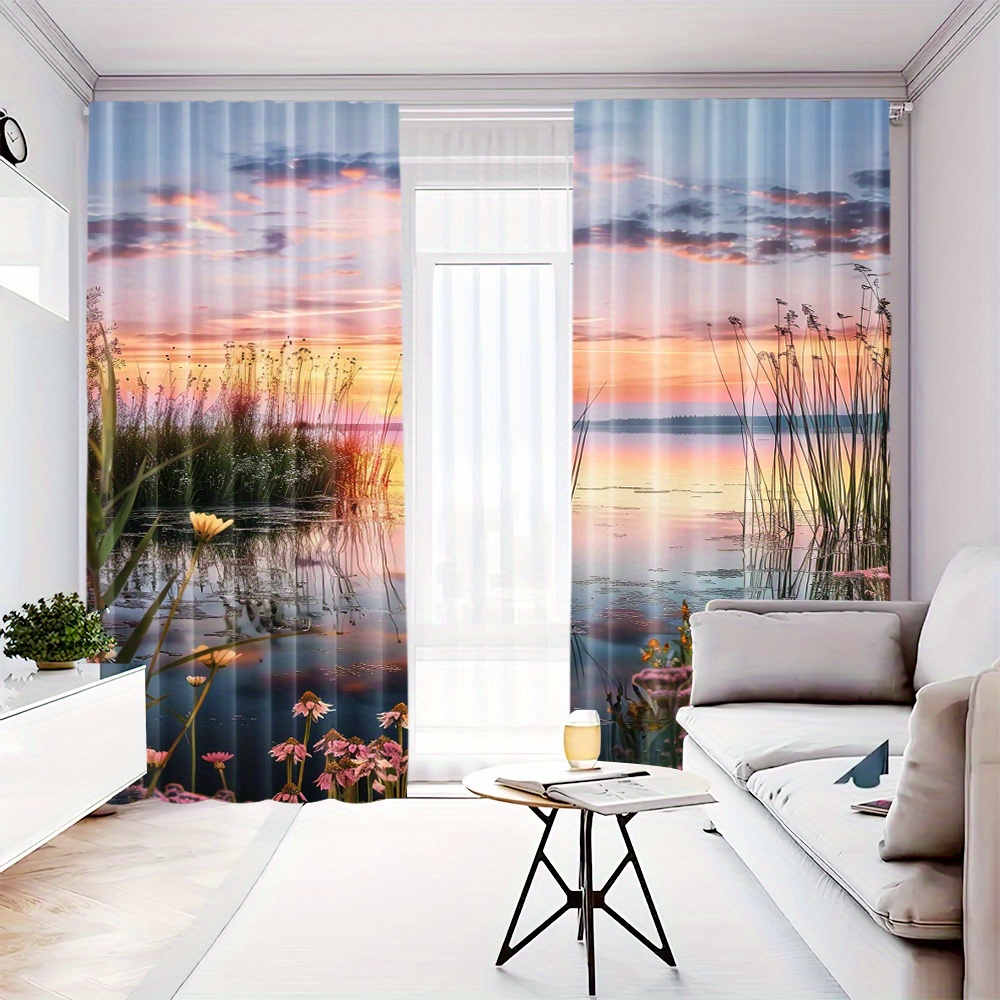 美的な夕日の自然カーテンペア、窓装飾用、部屋のドレープ、海岸 - Home Office With View のレビューと価格